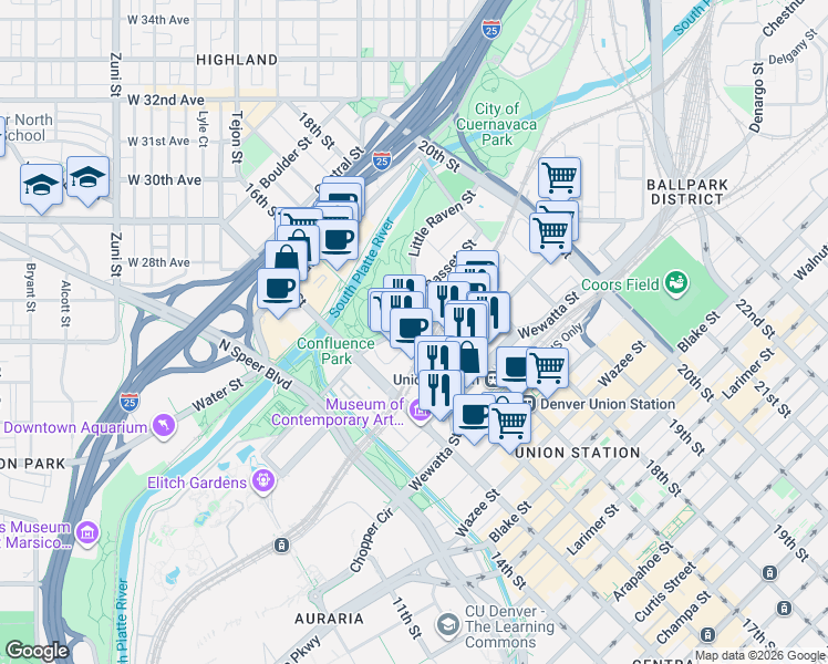 map of restaurants, bars, coffee shops, grocery stores, and more near 2100 16th Street Mall in Denver