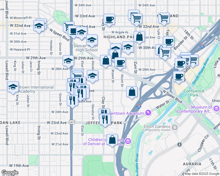 map of restaurants, bars, coffee shops, grocery stores, and more near 2620 West 26th Avenue in Denver