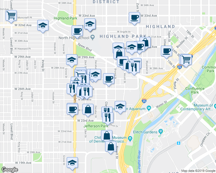 map of restaurants, bars, coffee shops, grocery stores, and more near 2714 West 26th Avenue in Denver