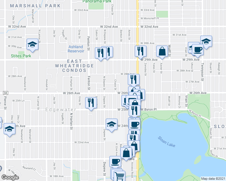 map of restaurants, bars, coffee shops, grocery stores, and more near 2591 Chase Street in Denver