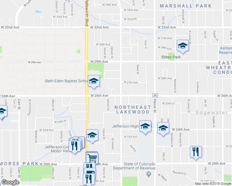 map of restaurants, bars, coffee shops, grocery stores, and more near 2580 Upham Street in Lakewood