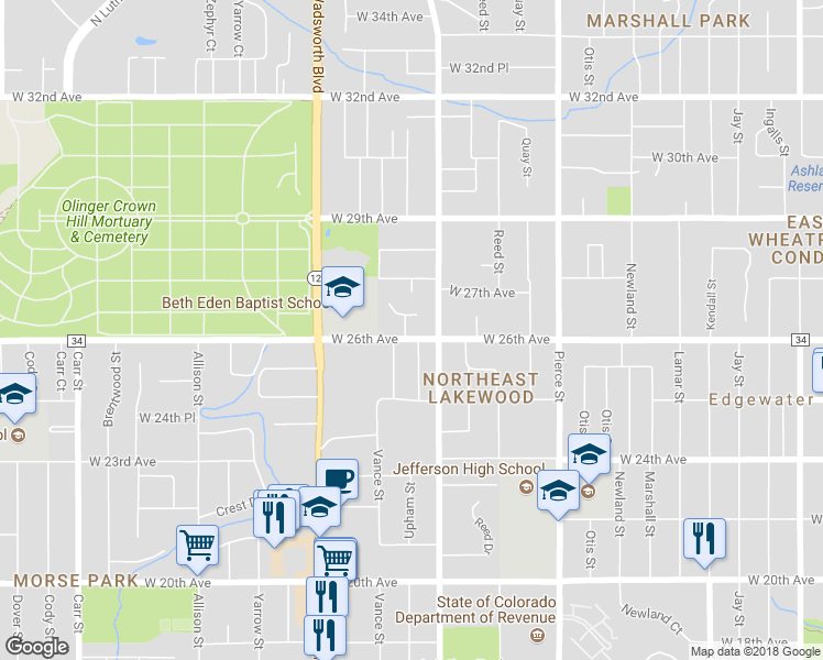 map of restaurants, bars, coffee shops, grocery stores, and more near 2580 Upham Street in Lakewood