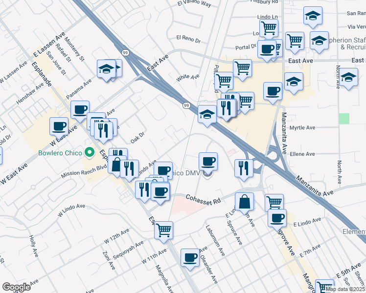 map of restaurants, bars, coffee shops, grocery stores, and more near 371 Rio Lindo Avenue in Chico