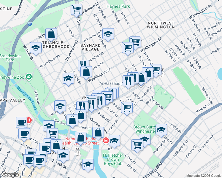 map of restaurants, bars, coffee shops, grocery stores, and more near 2325 Tatnall Street in Wilmington