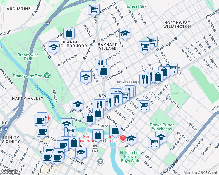 map of restaurants, bars, coffee shops, grocery stores, and more near in Wilmington