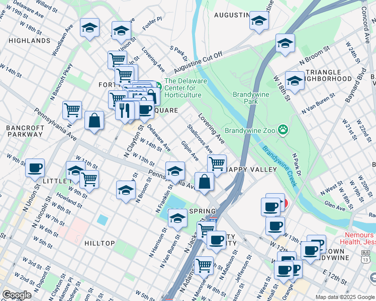 map of restaurants, bars, coffee shops, grocery stores, and more near 501 West 14th Street in Wilmington