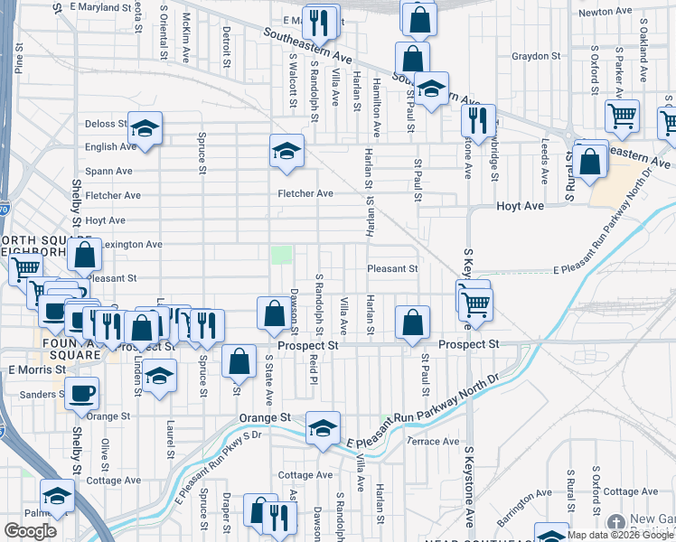 map of restaurants, bars, coffee shops, grocery stores, and more near 927 Villa Avenue in Indianapolis