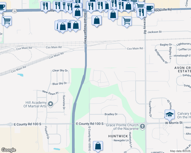 map of restaurants, bars, coffee shops, grocery stores, and more near 631 Ronald Reagan Parkway in Indianapolis