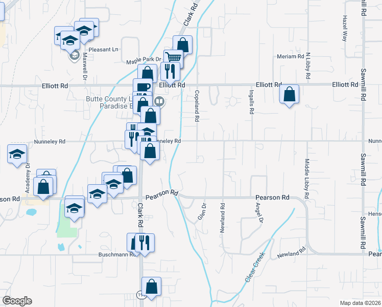 map of restaurants, bars, coffee shops, grocery stores, and more near 5733 Copeland Road in Paradise
