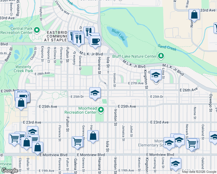 map of restaurants, bars, coffee shops, grocery stores, and more near 2734 Iola Street in Denver