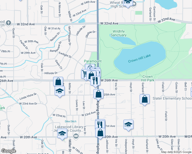map of restaurants, bars, coffee shops, grocery stores, and more near 2540-2598 Kipling Street in Lakewood