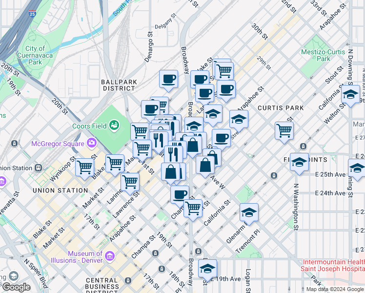 map of restaurants, bars, coffee shops, grocery stores, and more near 1200 Park Avenue West in Denver