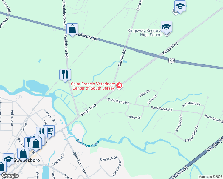 map of restaurants, bars, coffee shops, grocery stores, and more near 12 Back Creek Road in Woolwich Township