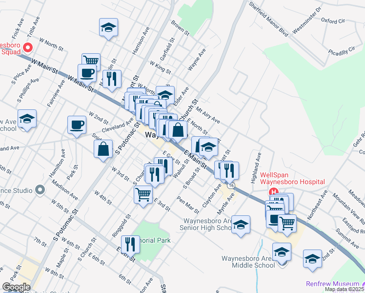 map of restaurants, bars, coffee shops, grocery stores, and more near 45 East Main Street in Waynesboro