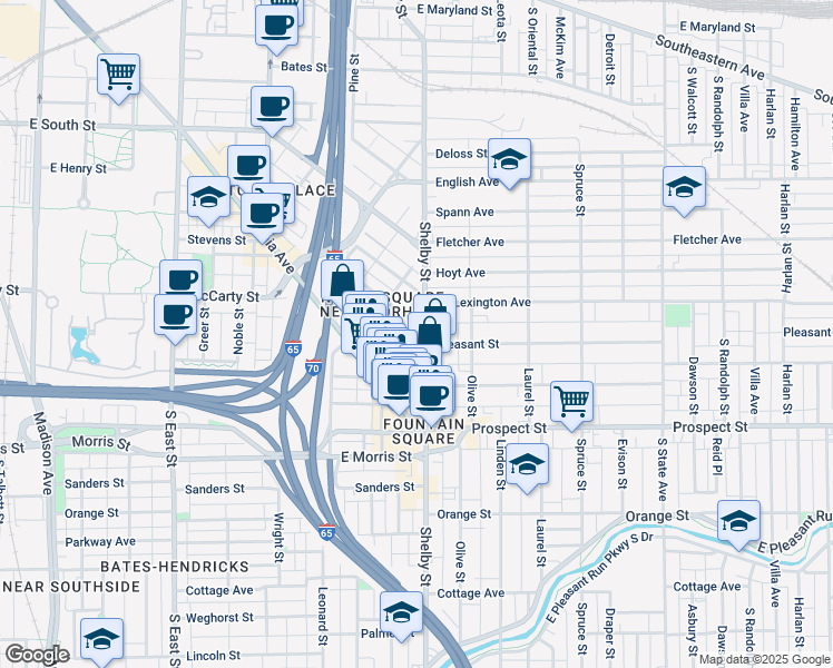 map of restaurants, bars, coffee shops, grocery stores, and more near 1055 Elm Street in Indianapolis