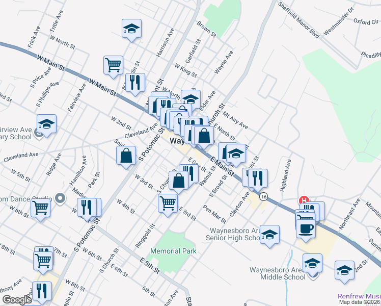 map of restaurants, bars, coffee shops, grocery stores, and more near 11 South Church Street in Waynesboro