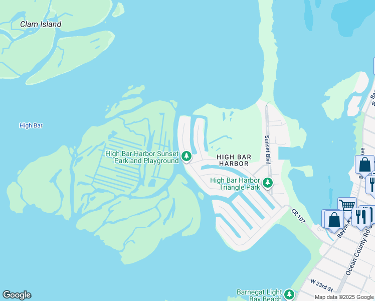 map of restaurants, bars, coffee shops, grocery stores, and more near 17 Butler Road in Long Beach Township
