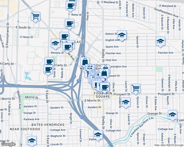 map of restaurants, bars, coffee shops, grocery stores, and more near 928 Virginia Avenue in Indianapolis