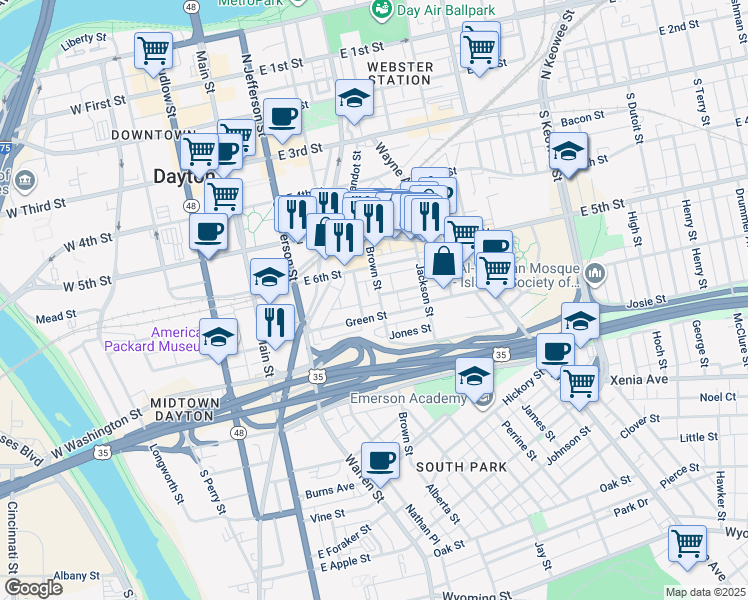 map of restaurants, bars, coffee shops, grocery stores, and more near 135 Brown Street in Dayton