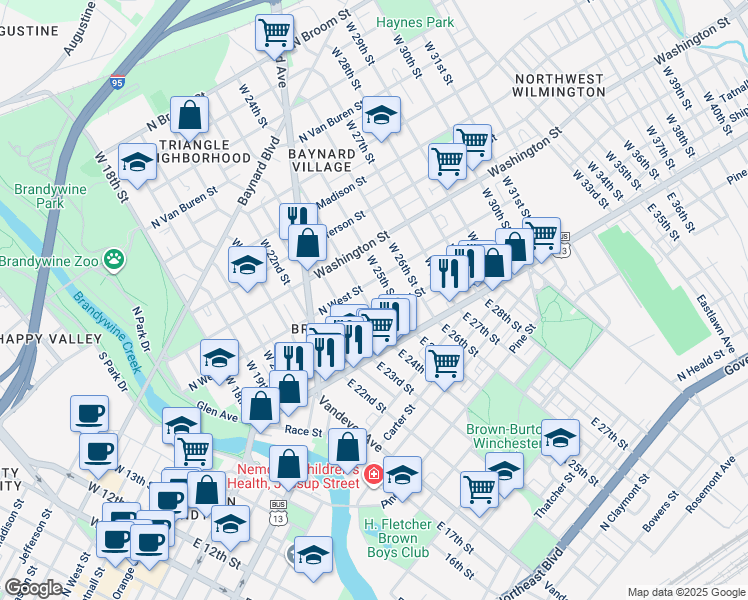 map of restaurants, bars, coffee shops, grocery stores, and more near 111 West 24th Street in Wilmington