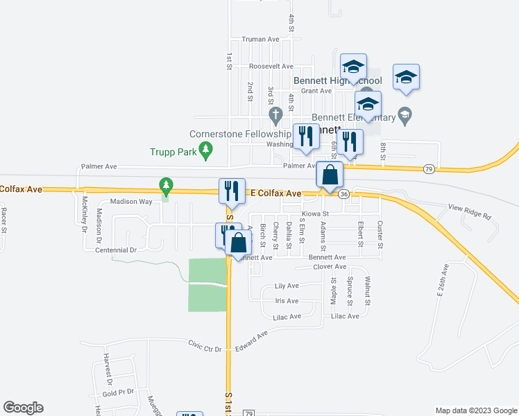 map of restaurants, bars, coffee shops, grocery stores, and more near 675 Kiowa Street in Bennett