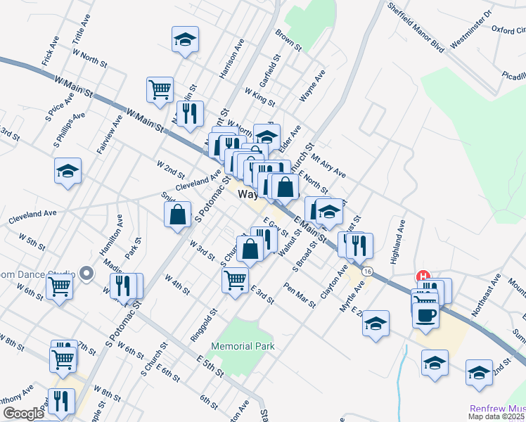 map of restaurants, bars, coffee shops, grocery stores, and more near 15 South Church Street in Waynesboro