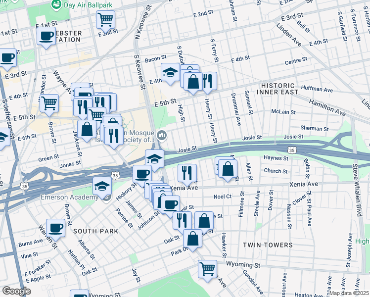 map of restaurants, bars, coffee shops, grocery stores, and more near 225 Hoch Street in Dayton