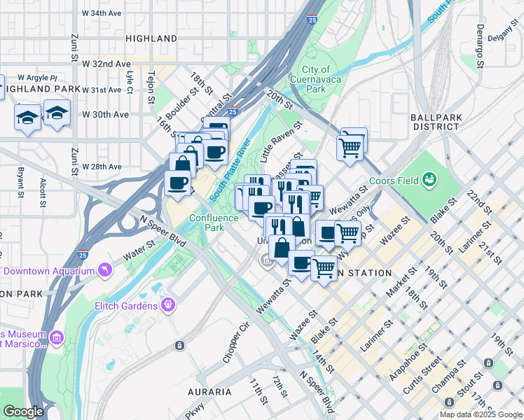 map of restaurants, bars, coffee shops, grocery stores, and more near 2100 16th Street Mall in Denver