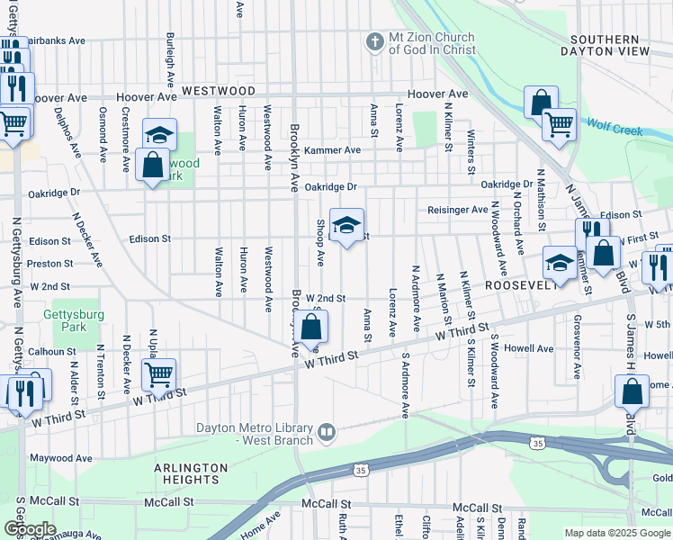 map of restaurants, bars, coffee shops, grocery stores, and more near 135 Gramont Avenue in Dayton