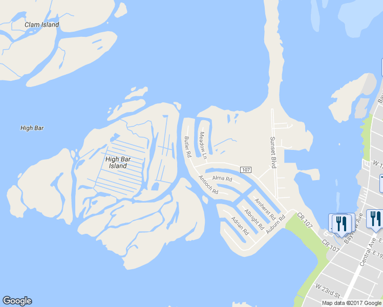 map of restaurants, bars, coffee shops, grocery stores, and more near 17 Butler Road in Long Beach Township