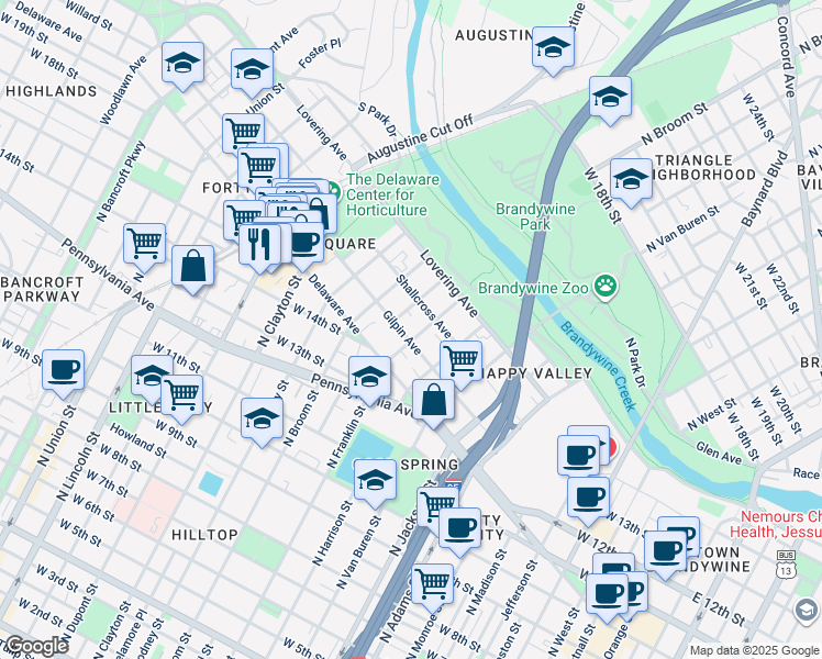 map of restaurants, bars, coffee shops, grocery stores, and more near 1301 Gilpin Avenue in Wilmington