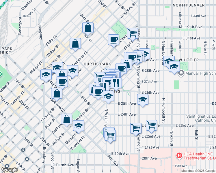 map of restaurants, bars, coffee shops, grocery stores, and more near 710 East 26th Avenue in Denver