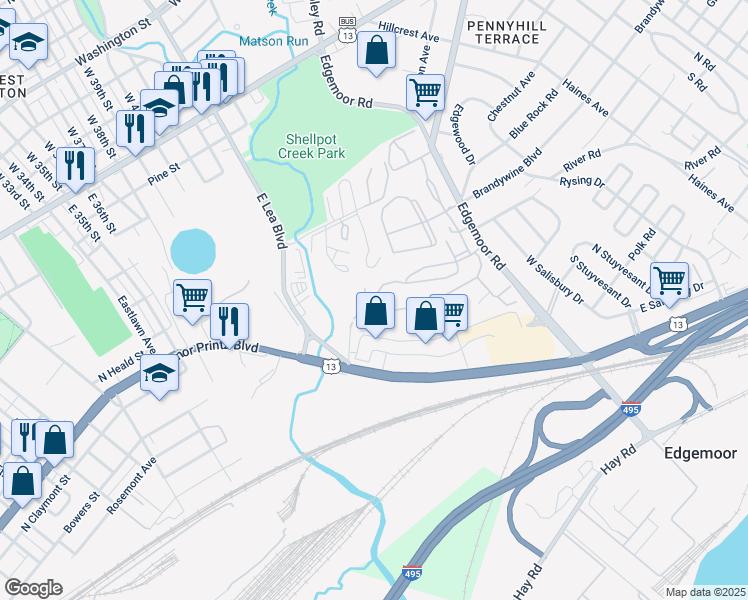 map of restaurants, bars, coffee shops, grocery stores, and more near 23 Paladin Drive in Wilmington