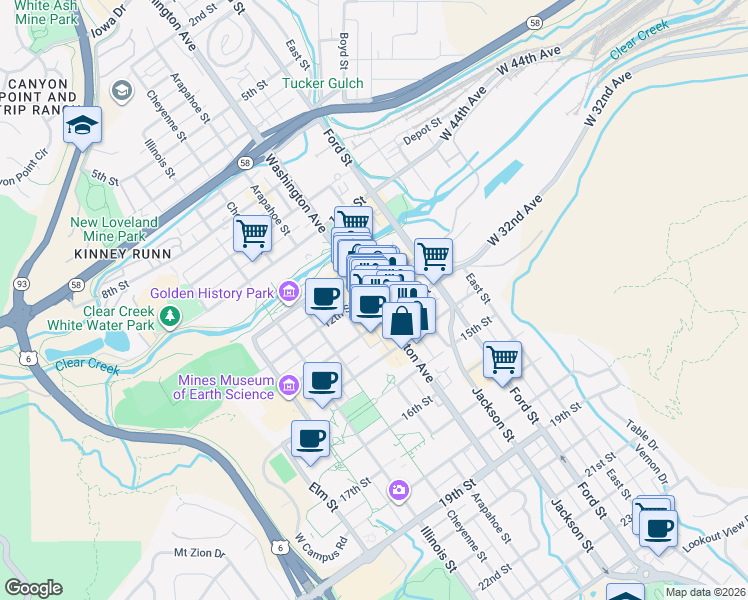map of restaurants, bars, coffee shops, grocery stores, and more near 1301 Washington Avenue in Golden