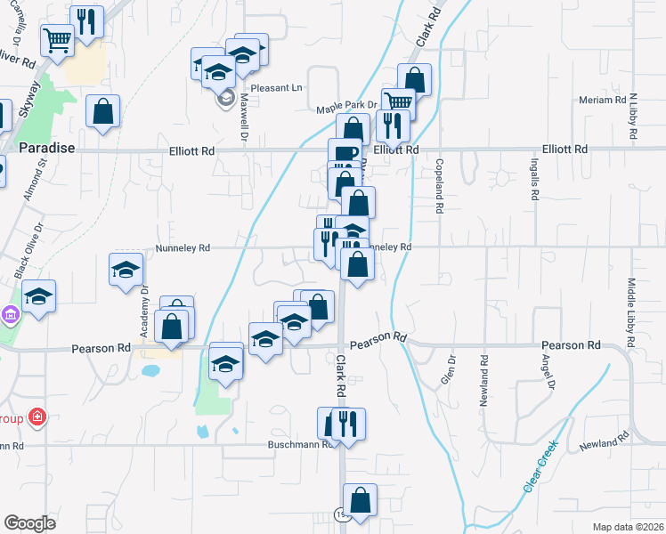 map of restaurants, bars, coffee shops, grocery stores, and more near 5837 Clark Road in Paradise