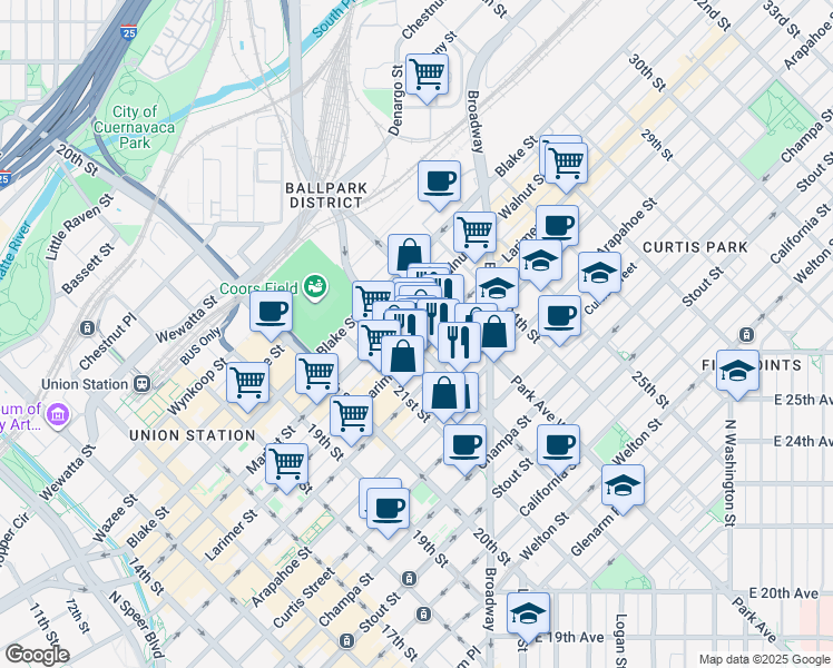 map of restaurants, bars, coffee shops, grocery stores, and more near 2201 Lawrence Street in Denver