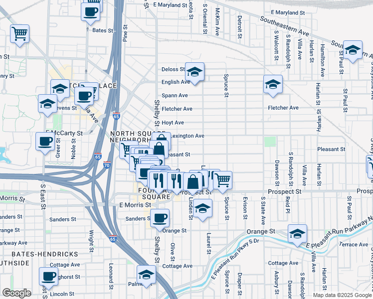 map of restaurants, bars, coffee shops, grocery stores, and more near 1211 Pleasant Street in Indianapolis