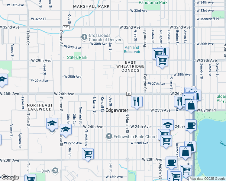 map of restaurants, bars, coffee shops, grocery stores, and more near 6201 West 26th Avenue in Wheat Ridge