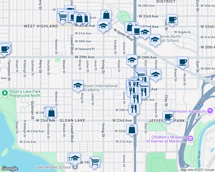 map of restaurants, bars, coffee shops, grocery stores, and more near 2550 Irving Street in Denver