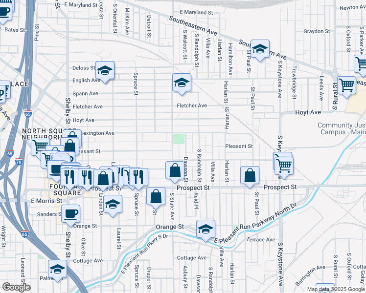 map of restaurants, bars, coffee shops, grocery stores, and more near 832 Dawson Street in Indianapolis