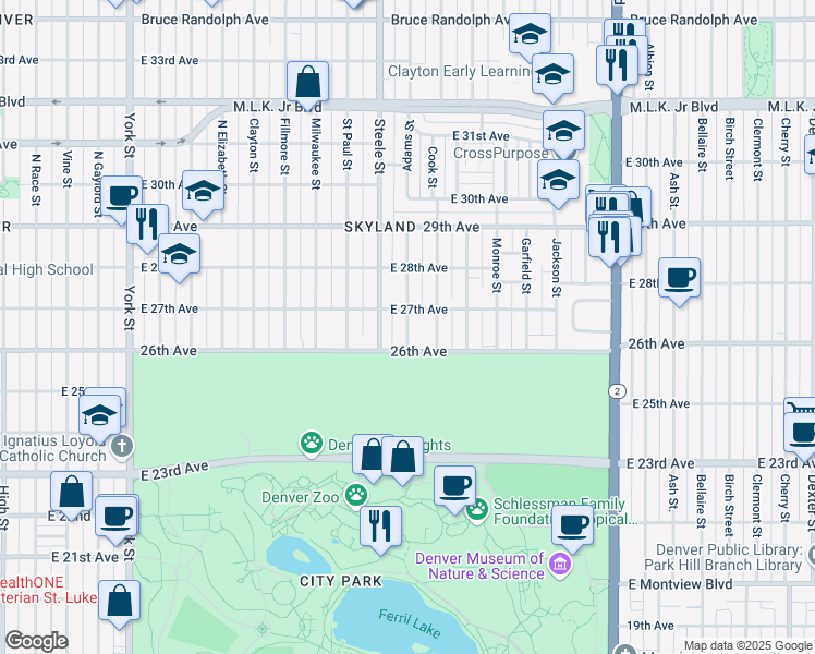 map of restaurants, bars, coffee shops, grocery stores, and more near Adams Street in Denver