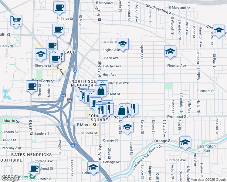 map of restaurants, bars, coffee shops, grocery stores, and more near 833 Olive Street in Indianapolis
