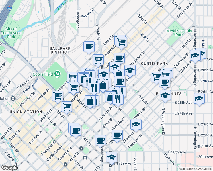 map of restaurants, bars, coffee shops, grocery stores, and more near 2318 Arapahoe Street in Denver