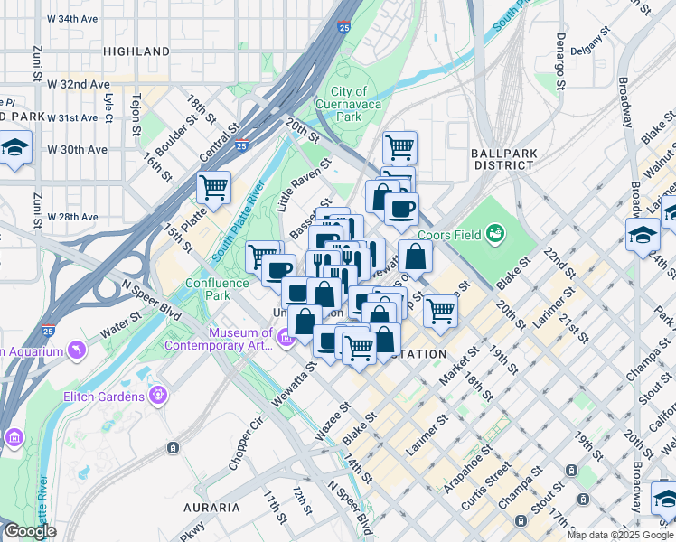 map of restaurants, bars, coffee shops, grocery stores, and more near 1770 Chestnut Place in Denver