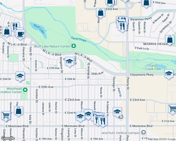 map of restaurants, bars, coffee shops, grocery stores, and more near 11480 East 26th Avenue in Aurora