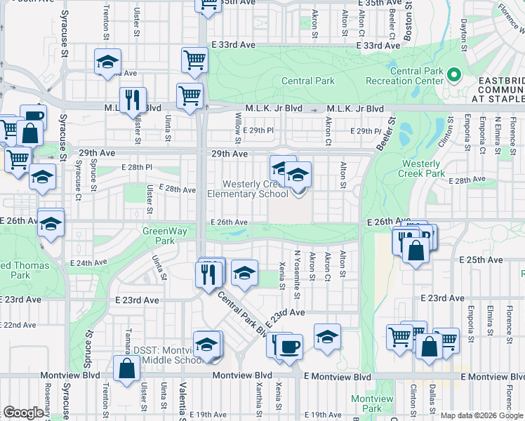map of restaurants, bars, coffee shops, grocery stores, and more near 8691 East 26th Avenue in Denver