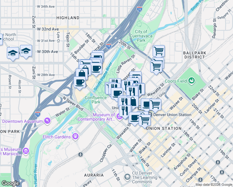 map of restaurants, bars, coffee shops, grocery stores, and more near 2100 16th Street Mall in Denver