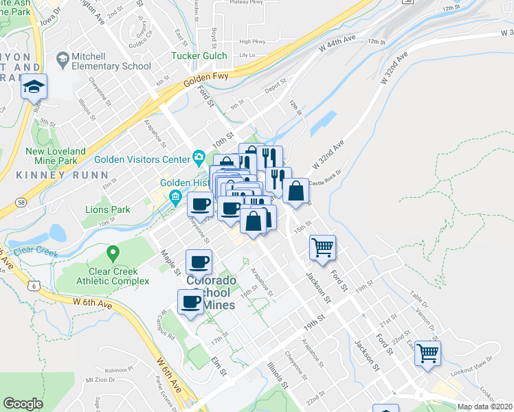 map of restaurants, bars, coffee shops, grocery stores, and more near 700 14th Street in Golden
