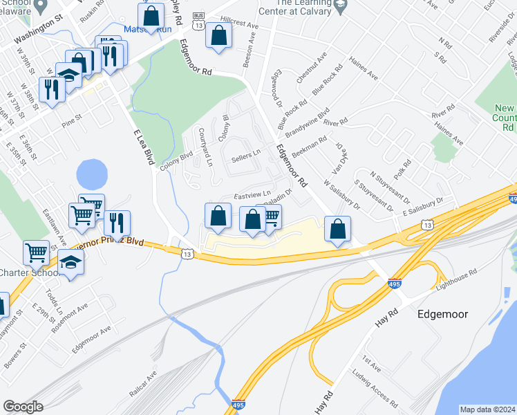 map of restaurants, bars, coffee shops, grocery stores, and more near 65 Paladin Drive in Wilmington