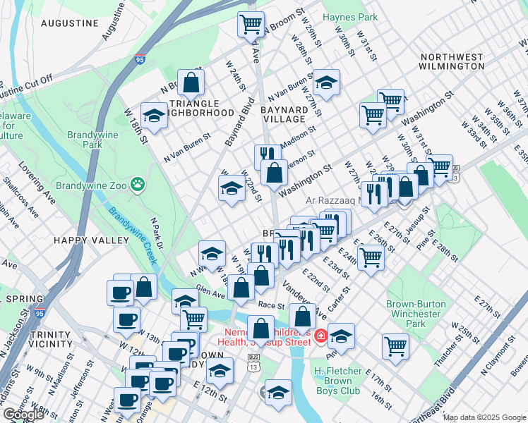 map of restaurants, bars, coffee shops, grocery stores, and more near 200 West 22nd Street in Wilmington